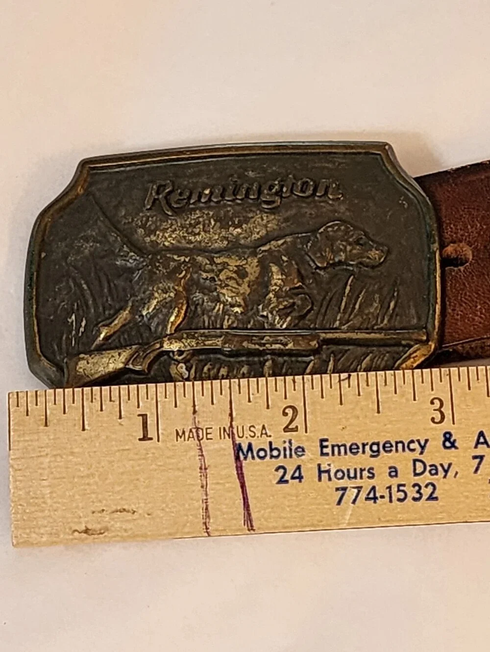 Vintage Remington Belt Buckle & Embossed Brn Leather Belt Sz. XL 43